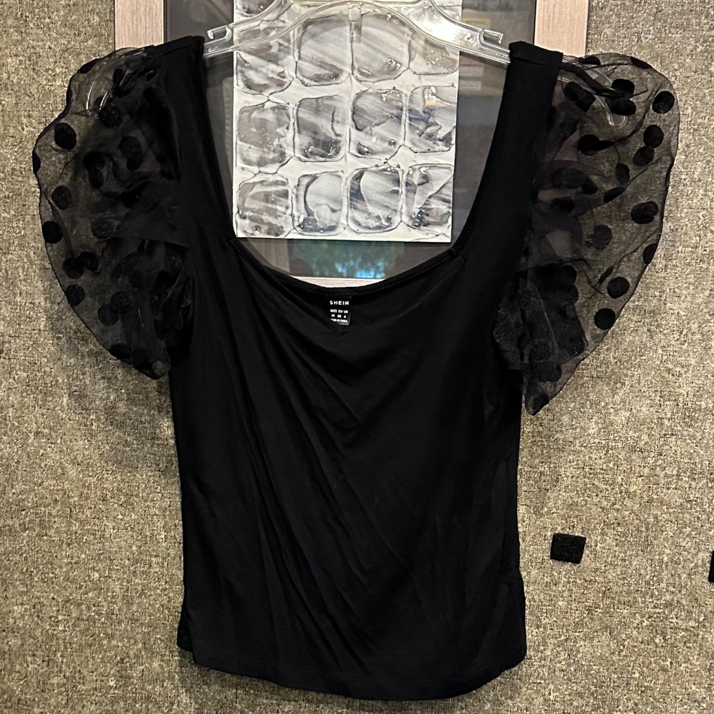 Black Stretch Tank with Polka Dot Lace Balloon Sleeves US Size 6